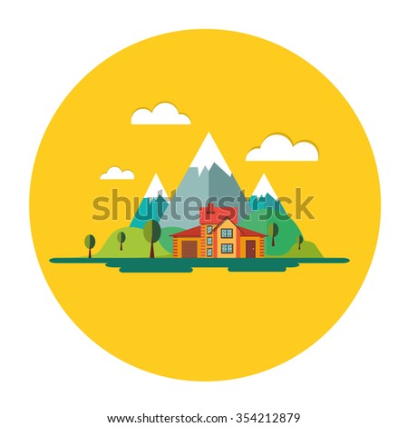 Color vector flat icon set and illustrations urban and village landscapes: nature, mountains, lake, vacation, sun, trees, house, mills, field, city, pollution