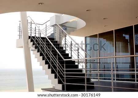 modern stairs, windows, reflections, sea and sky