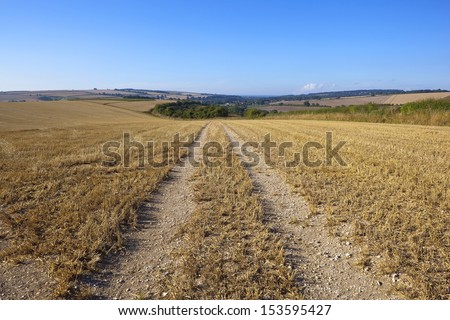 a dusty farm track in the scenic yorkshire wolds running down a hill towards patchwork fields under a blue sky in late summer