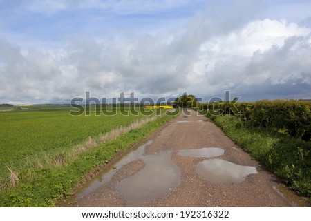 a rural farm track with puddles running through scenic agricultural countryside on the yorkshire wolds england in springtime