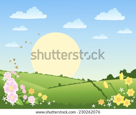 Vector illustration of a rural landscape in spring time with daffodils bees and patchwork fields under a blue sky with a big sun and fluffy clouds