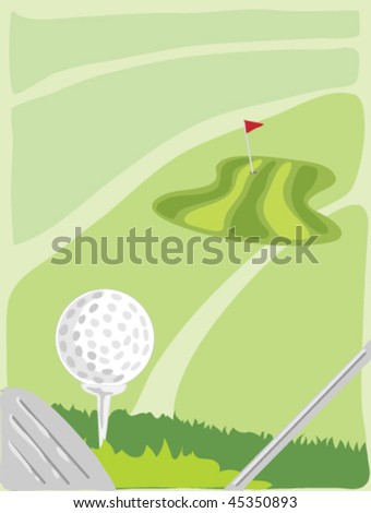 hand drawn illustration of the view down the fairway from an elevated tee with green,golf ball on a tee