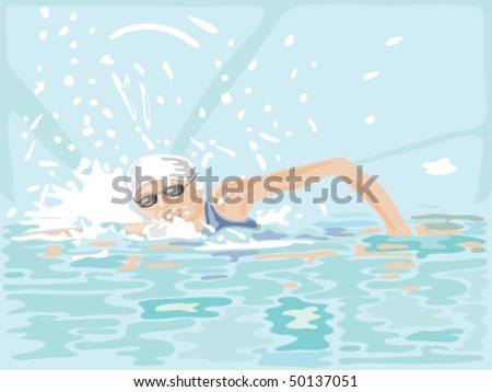 hand drawn vector illustration of a woman swimming through blue water