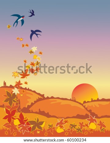 vector illustration of swallows leaving in autumn with leaves and a sunset landscape in eps 10 format with gradients