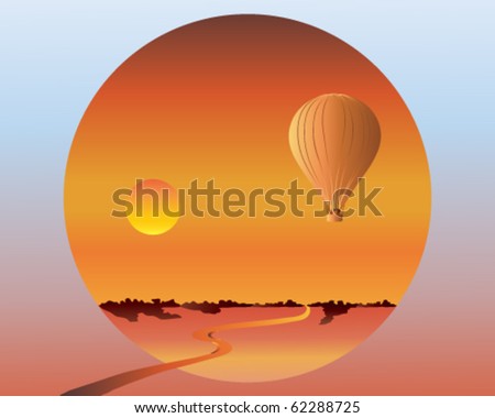 vector illustration of a hot air balloon flying over a landscape at sunset in eps10 format