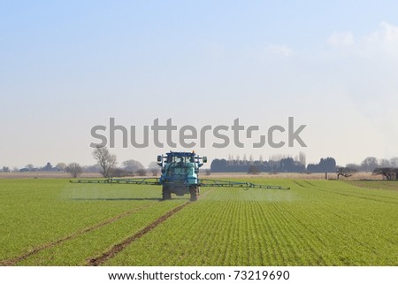 english landscape with a blue tractor mounted crop sprayer in action on a field of winter wheat in february