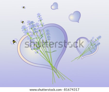 vector illustration of lavender flowers and hearts with bees in eps 10 format