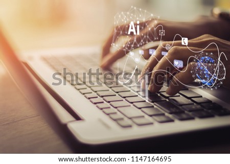 Artificial Intelligence AI, Internet of Things IoT concept. Business man using laptop computer on technology background, 4.0 industrial technology development, remote control