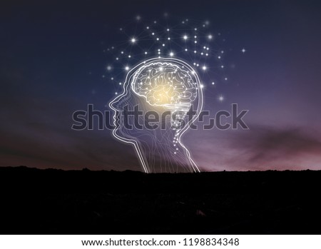 Virtual reality man with symbol neurons in brain / creative idea.Concept of idea and innovation / background night sky