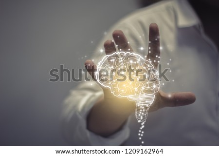 Virtual reality man with symbol neurons in brain / creative idea.Concept of idea and innovation