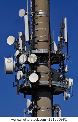 wireless technical equipment on a transmitter mast. platform with the devices in eye level, no worm\'s-eye view