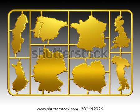 golden Model kit on a injection molded frame with separated cutouts of different European national borders