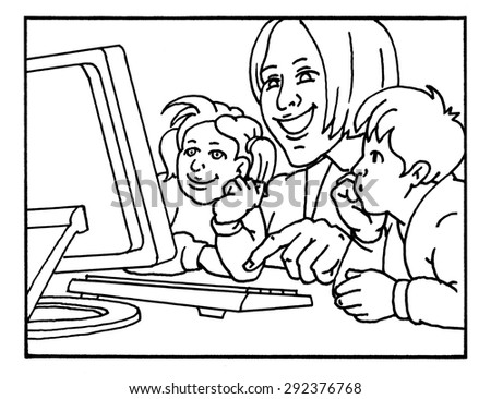 Mother or teacher with children at the computer, black and white line version