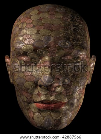 moneymakers, surreal head with skin out of money coins