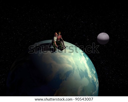 romantic Lovers, couple sitting on the earth globe and look at  the stars and the cosmos