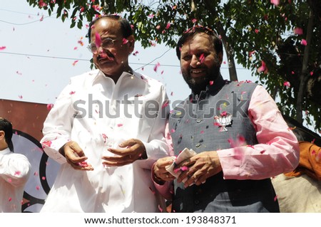 NEW DELHI-MAY 16:  Prakash Javadekar the BHP spokesperson and Venkaiah Naidu on the podium  after BJP won the Indian National election on May 16, 2014 in New Delhi , India.