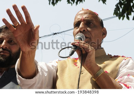 NEW DELHI-MAY 16:  BJP party president Rajnath Singh addressing supporters after his party won the Indian National election on May 16, 2014 in New Delhi , India.