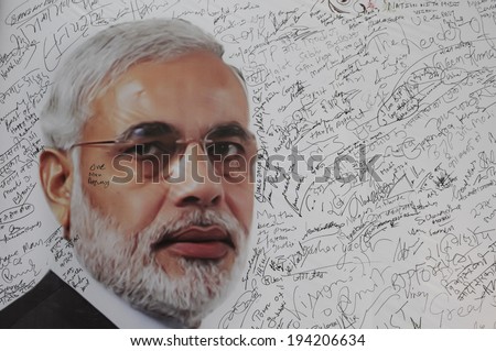 NEW DELHI-MAY 16:  Picture of Narendra Modi on a message board to write best wishes for Mr. Modi after wining the Indian National election on May 16, 2014 in New Delhi , India.