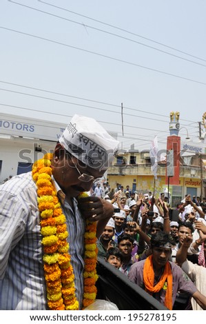 VARANASI - MAY  4 : Arvind kejriwal on his jeep  during a political meeting on May 4 , 2014 in Varanasi , India.