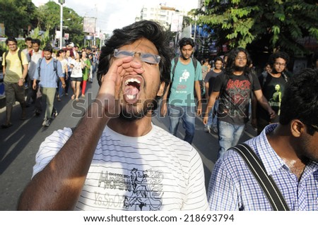 KOLKATA- SEPTEMBER 18: during a student protest rally organized by Jadavpur university students against police atrocities on September 18, 2014 in Kolkata, India.