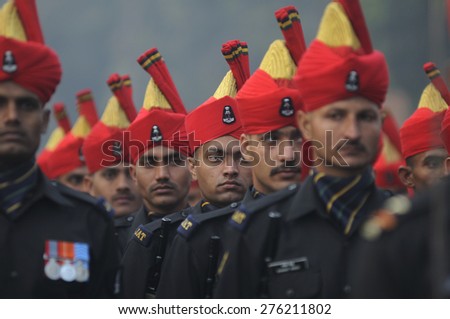 KOLKATA -JANUARY 19 : Soldiers of the Jat Regiment - an infantry regiment of the Indian Army marching on the streets during the Republic Day Parade preparation on January 19, 2015 in Kolkata, India.