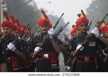 KOLKATA -JANUARY 19 : Army personnel of the Jat Regiment - an infantry regiment of the Indian Army practicing during the Republic Day Parade preparation on January 19, 2015 in Kolkata, India.