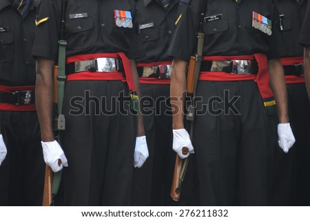 KOLKATA -JANUARY 19 : Soldiers of the Jat Regiment - an infantry regiment of the Indian Army while marching during the Republic Day Parade preparation on January 19, 2015 in Kolkata, India.