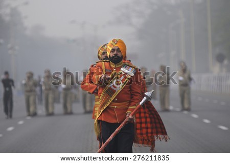 KOLKATA -JANUARY 19 : Band member of The Sikh Light Infantry - an elite Regiment of the Indian Army  during the Republic Day Parade preparation on January 19, 2015 in Kolkata, India.
