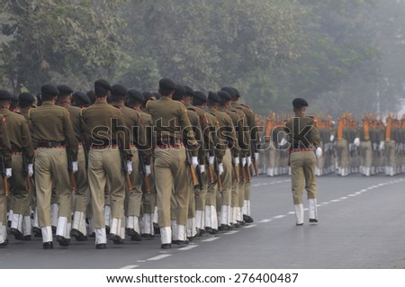 KOLKATA - JANUARY 19 :Indian Army soldiers marching during the Republic Day Parade preparation on January 19, 2015 in Kolkata, India.
