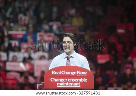 BRAMPTON - OCTOBER 4 :Justin Trudeau delivering a speech in front of  2015 election follwers during an election rally of the Liberal Party of Canada on October 4, 2015 in Brampton, Canada.