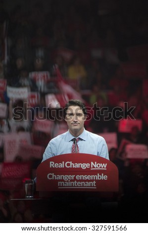 BRAMPTON - OCTOBER 4 :Justin Trudeau speaking among his followers during an election rally of the Liberal Party of Canada on October 4, 2015 in Brampton, Canada.