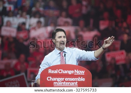 BRAMPTON - OCTOBER 4 :Justin Trudeau speaking  in an election rally of the Liberal Party of Canada on October 4, 2015 in Brampton, Canada.