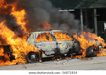 A burning car.