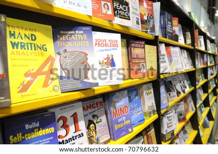 KOLKATA- FEBRUARY 4:  stack of psychological books on a book shelf during the 2011 Kolkata Book Fair in Kolkata, India on February 4, 2011.