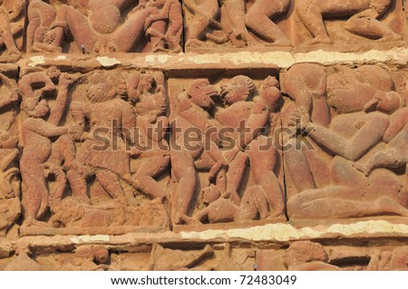 The Radha Gobinodo temple in Jaydev -Kenduli in Birbhum District of the West Bengal State in India has exquisite terracotta carvings. This part of the temple shows different activities.