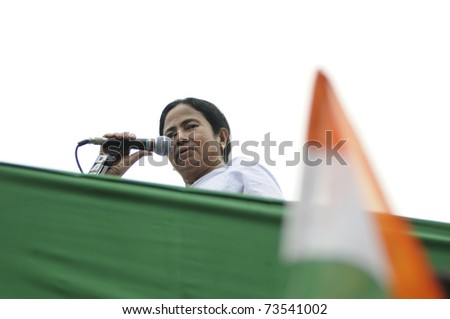 KOLKATA - FEBRUARY 20:  Indian Railways minister Ms. Mamata Banerjee looking at the audience while giving her speech during a political rally in Kolkata, India on February 20, 2011.