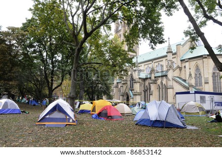 TORONTO - OCTOBER 17: Temporary tents set up  at the St. James Park during the Occupy Toronto Movement on October 17, 2011 in Toronto, Canada.