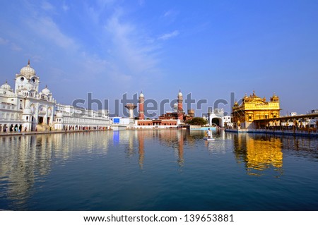 AMRITSAR, INDIA -Â?Â? MAY 15: Golden Temple on May 15, 2013 in Amritsar, India. Golden Temple is the holiest shrine in Sikhism. Its official name is Harmandir Sahib and construction started in 1574.