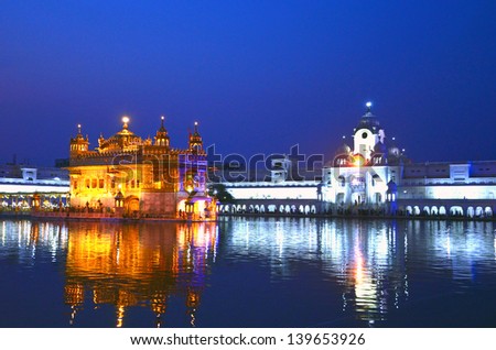 AMRITSAR, INDIA -Â?Â? MAY 15: Golden Temple on May 15, 2013 in Amritsar, India. Golden Temple   is the holiest shrine in Sikhism. Its official name is  Harmandir Sahib and construction started in 1574.