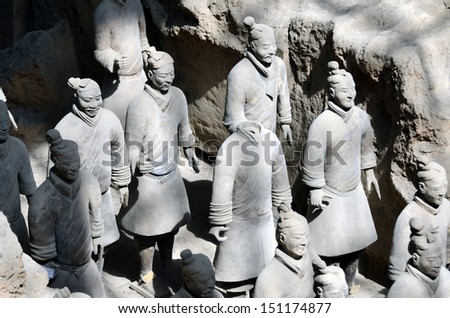 XIAN, CHINA - JULY 23: Terracotta Army on July 23, 2013 in Xian, China. Terracotta Army is a collection of terracotta sculptures dating from the late third century BC, and was discovered in 1974.
