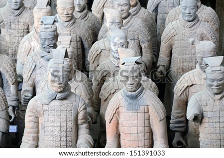 XIAN, CHINA  JULY 23: Terracotta Army on July 23, 2013 in Xian, China. Terracotta Army is a collection of terracotta sculptures depicting the armies of Qin Shi Huang, the first Emperor of China.