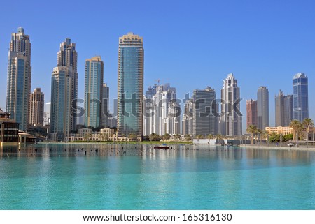 DUBAI, UNITED ARAB EMIRATES -Â?Â? OCTOBER 20: Burj Khalifa Lake on October 20, 2013 in Dubai, United Arab Emirates.Burj Khalifa Lake is a man-made lake which is in Downtown Dubai.