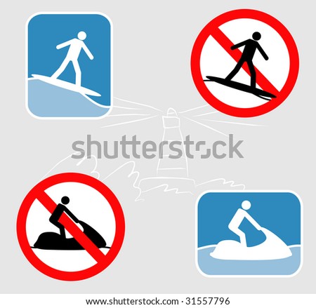 Signs of permission and prohibition of surfing and hydrocycling.