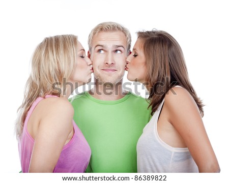 wifey cumshot stock photo two young women kissing handsome man standing