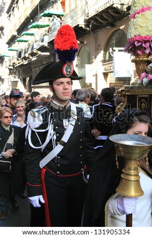 PALERMO - APRIL 2: Sicilian man dresses up as Roman soldier during Easter parade to commemorate the crucifixion of Jesus on Good Friday on April 2, 2010 in Palermo, Italy