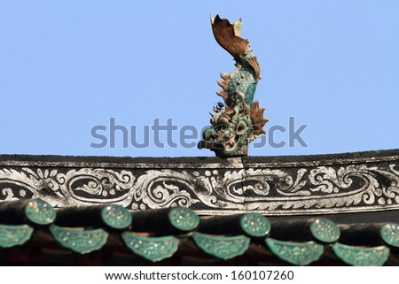 oriental roof design of medieval Chinese village house in PingShan Heritage Path, Hong Kong