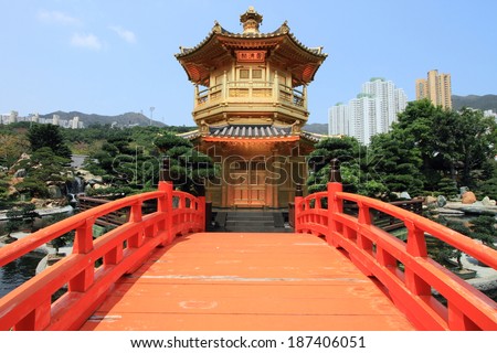 golden pavilion of Chi Lin Nunnery and red bridge, landmark in Hong Kong