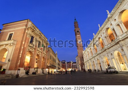 VICENZA, ITALY - OCTOBER 31, 2014: Historic center of Vicenza on October 31, 2014 in Vicenza, Italy. Vicenza historic center is a unesco world heritage and landmark in Italy.