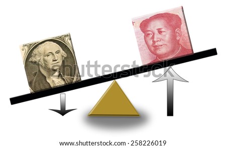 rising Renminbi versus falling US dollar on a scale, concept of foreign exchange or balance of trade