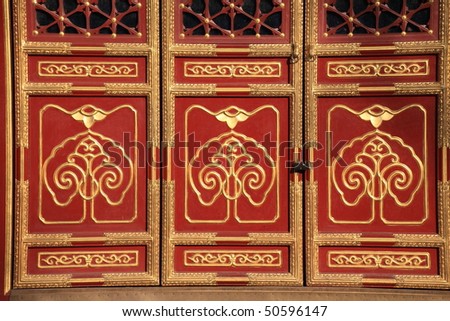 oriental red door design details with golden pattern of Beijing Forbidden City
